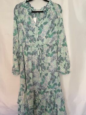LOFT Floral Long Sleeve Tiered Maxi Dress Peace Blue Flowers Flowy Feminine Boho